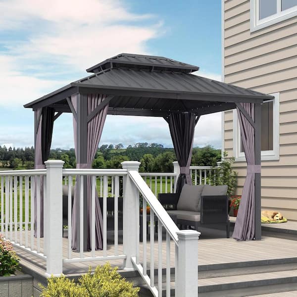 8 ft. x 8 ft. Gray Aluminum Hardtop Gazebo Canopy with Netting and Curtains