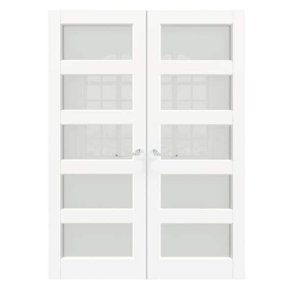 TENONER 60 in. x 80 in. MDF Composite, Primed, White, 5-Lite, Frosted Glass Interior Door Slab with Silver Curved Doorknob