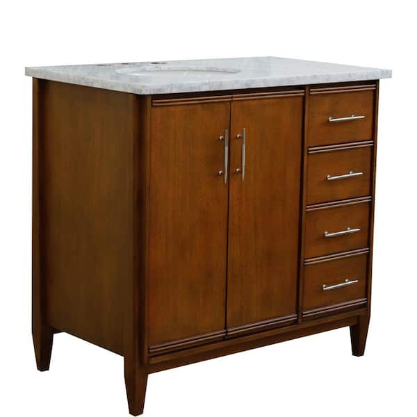 Bellaterra Home 37 in. W x 22 in. D Single Bath Vanity in Walnut with Marble Vanity Top in White with Left White Oval Basin