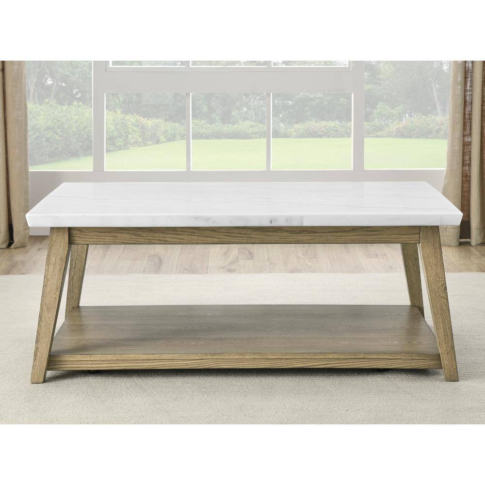 Blonde Wood and White Marble Rectangular Coffee Table with Casters