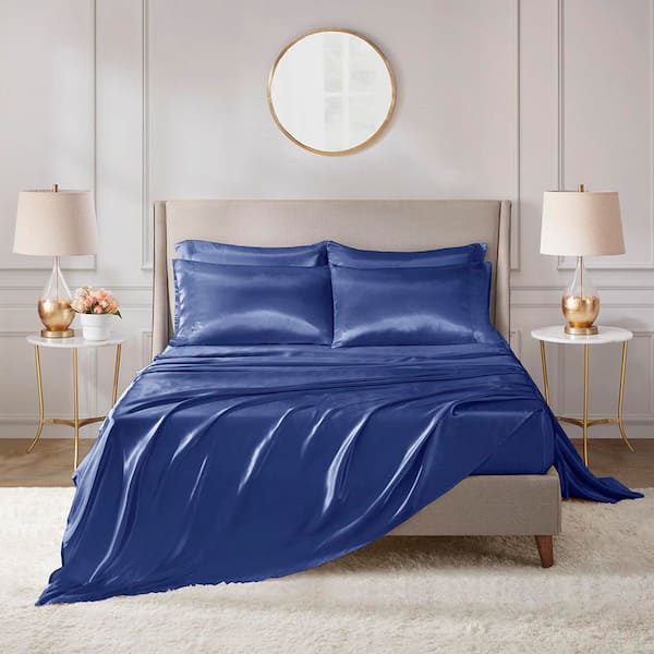 Madison Park Satin 6-Piece Navy Solid Polyester California King Luxury Sheet Set