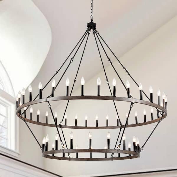 null 60 in. 54-Light 2 Tier Extra Large Black/Imitation Wood Grain Farmhouse Wagon Wheel Chandelier for Living Room