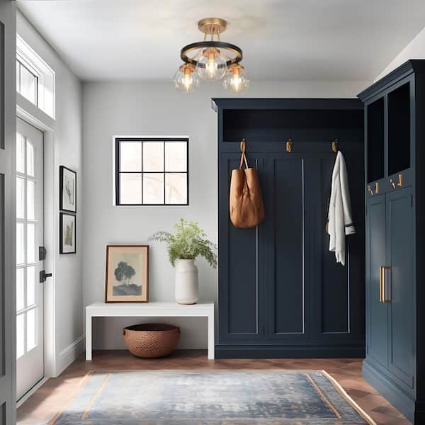 Modern 14.5 in. 3-Light Dark Gold Semi-Flush Mount Light, Black Entryway Ceiling Light with Round Seeded Glass Shade