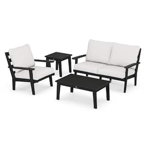Grant Park Black Plastic Outdoor Patio 4-Piece Deep Seating Set with Natural Linen Cushions