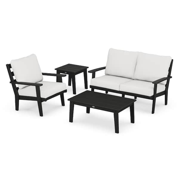 POLYWOOD Grant Park Black Plastic Outdoor Patio 4-Piece Deep Seating Set with Natural Linen Cushions