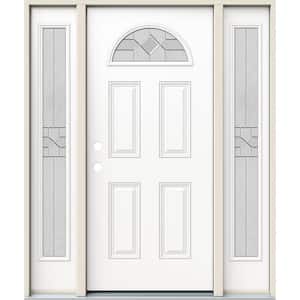 60 in. x 80 in. Right-Hand Fan Lite Decorative Glass Caldwell Modern White Fiberglass Prehung Front Door W/Sidelites