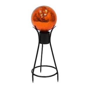 6 in. Dia Round Mandarin Orange Crackle Glass Decorative Gazing Globe with Black Wrought Iron Stand