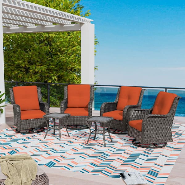 6-Piece Wicker Patio Conversation Set Swivel Rocking Chairs with Orange Cushions