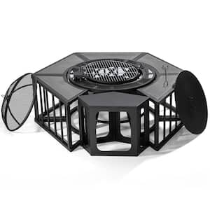 32 in. W x 26.8 in. H Round Steel Wood Burning Fire Pit with Cooking Grate, Spark Screen and Light Brown Side Table