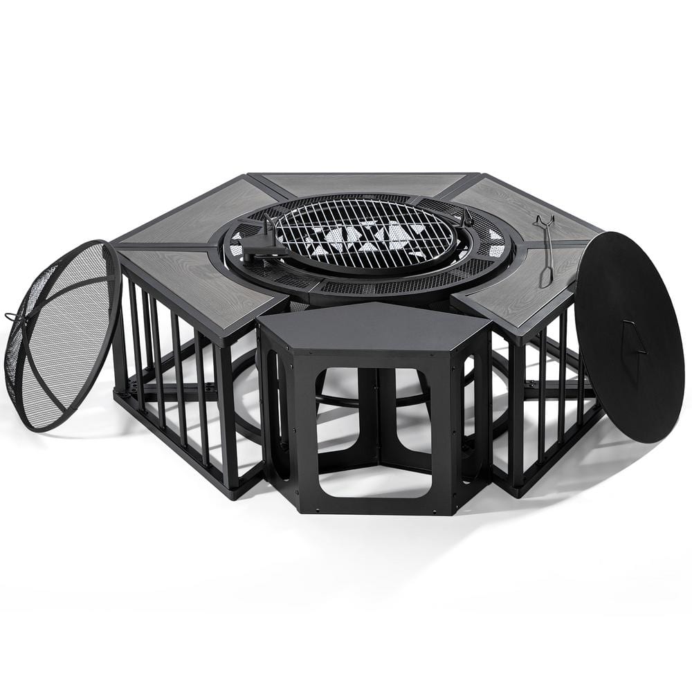 32 in. W x 26.8 in. H Round Steel Wood Burning Fire Pit with Cooking Grate, Spark Screen and Dark Brown Side Table price history on PriceWatchPro