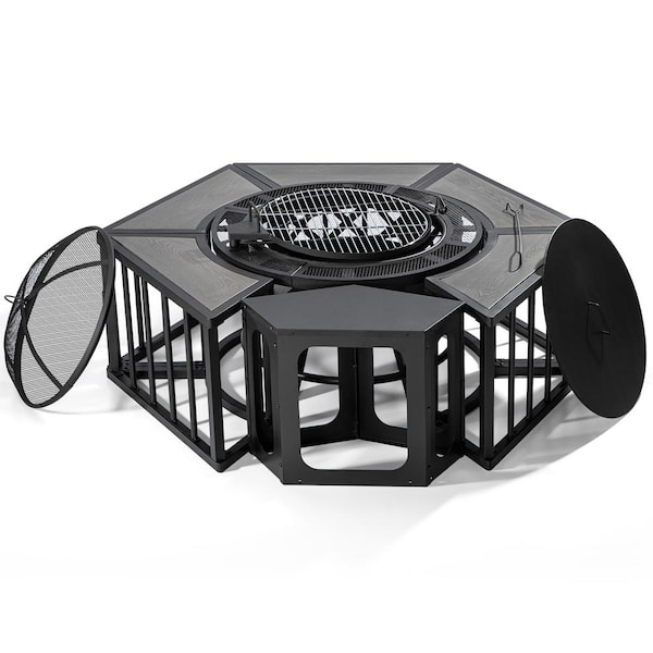 JOYSIDE 32 in. W x 26.8 in. H Round Steel Wood Burning Fire Pit with Cooking Grate, Spark Screen and Dark Brown Side Table