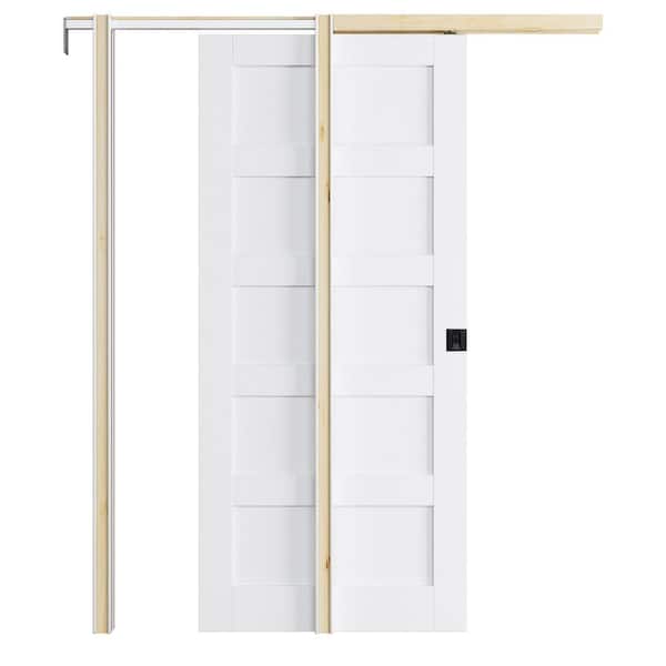 36 in. x 80 in. Primed 5-Lite MDF Door with White Pocket Door Frame and Hardware kits (Soft Close and Black Lock Incl)