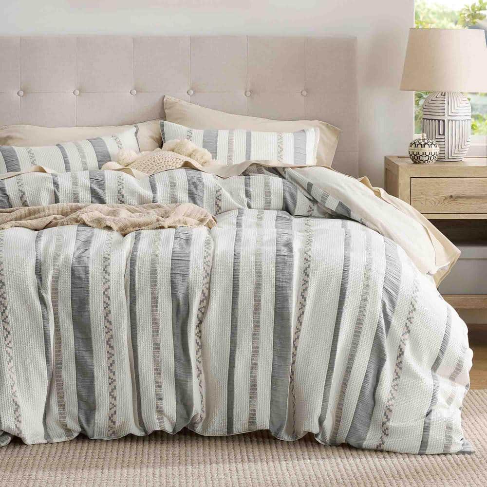 3-Piece White Textured Cotton Queen Duvet Cover Set