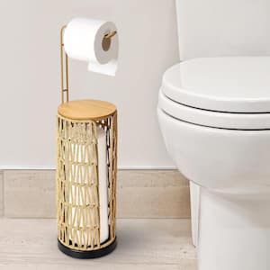 24.2 in H. Freestanding Rattan Toilet Paper Holder with Storage in Brown