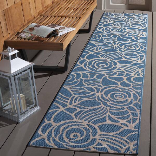 Courtyard Blue/Beige 2 ft. x 12 ft. Floral Indoor/Outdoor Patio  Runner Rug