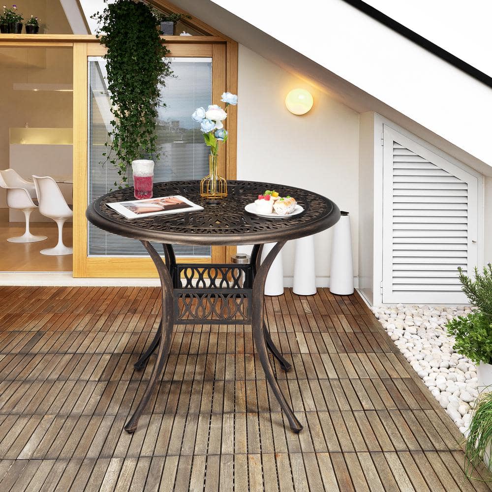 Bronze Round Aluminum Outdoor Bistro Table with Umbrella Hole