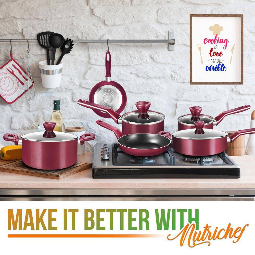 NutriChef 13-Piece Red Nonstick Aluminum Cookware Set