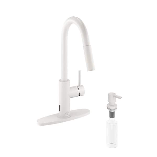 CASAINC Single-Handle Pull Down Sprayer Kitchen Faucet with Infrared Sensor, Soap Dispenser and Deckplate in Matte White