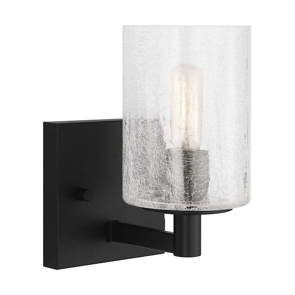Generation Lighting Parker 4.75 in. W x 7.75 in. H 1-Light Midnight Black Wall Sconce with Clear Crackle Glass Shade and LED Bulb Included