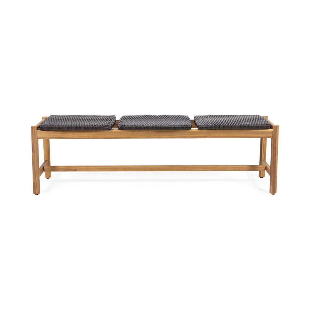 Teak Brown Acacia Wood & Woven Wicker Outdoor Bench