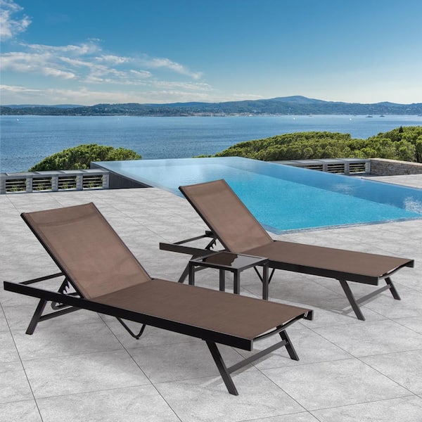 Crestlive Products 3-Piece Aluminum Adjustable Outdoor Chaise Lounge in Brown and Glass Table