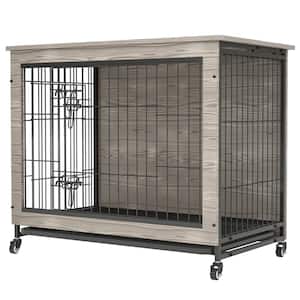 Any 32.6 in. W Dog Crate Furniture with Cushion, Wooden Dog Crate Table, Double-Doors for Small Pet in Gray