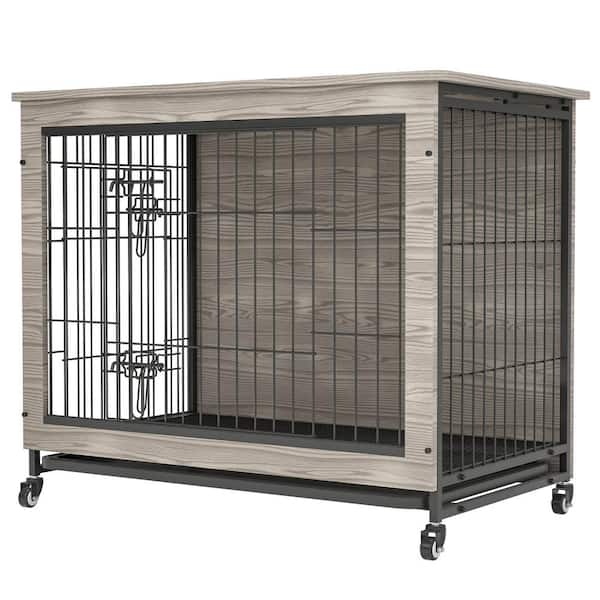 Miscool Any 32.6 in. W Dog Crate Furniture with Cushion, Wooden Dog Crate Table, Double-Doors for Small Pet in Gray