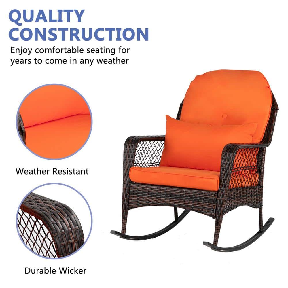 Brown Wicker Outdoor Rocking Chair with Orange Cushions