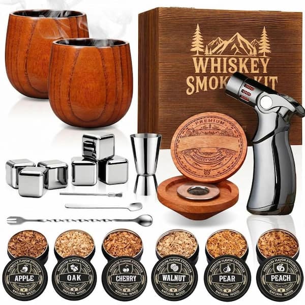 Whiskey Smoker Kit with Torch 2-Piece Brown Wood Glass Set, 6 Wood Chip Flavors, Cocktail Drink Smoker Kit