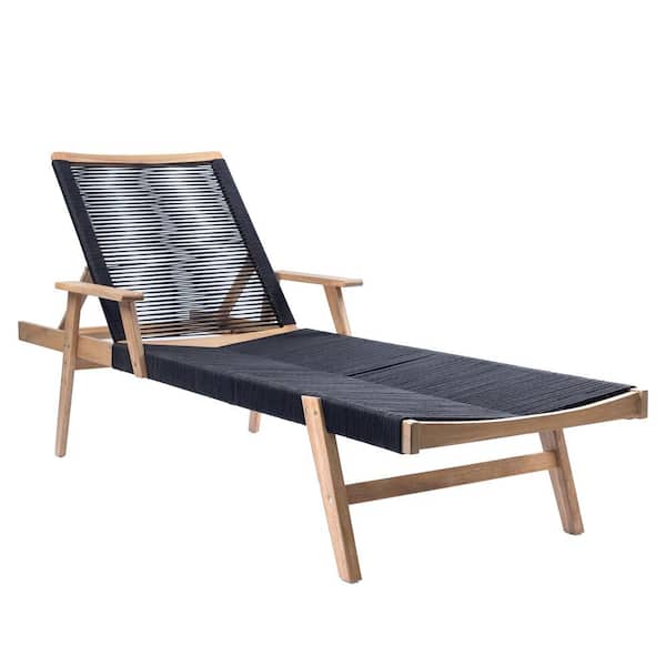 Unbranded Black Outdoor Patio Sun lounger Acacia Wood and Rope Chair Adjustable Sunbed for Backyard Poolside Porch Balcony Lawn