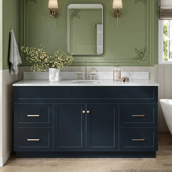 ARIEL Hamlet 67 in. W x 22 in. D x 35.25 Single Sink Freestanding Bath Vanity in Midnight Blue with Carrara White Marble Top