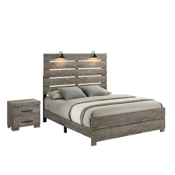 Best Quality Furniture Nico 2-Piece Antique Grey Color Wood Frame Queen Panel Bedroom Set With 1 Nightstand