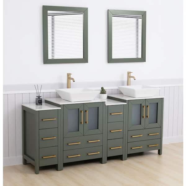 72 in. W Double Basin Vintage Green Bath Vanity with White Engineered Marble Top and Mirror