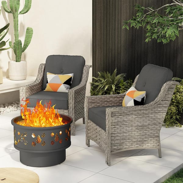 XIZZI Iris 3-Piece Wicker Outdoor Patio Conversation Sofa Seating Set with a Wood-Burning Fire Pit and Black Cushions