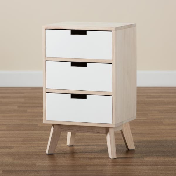 Baxton Studio Halian 3-Drawer White and Natural Brown Nightstand (23.2 in. H x 13.8 in. W x 11.8 in. D)