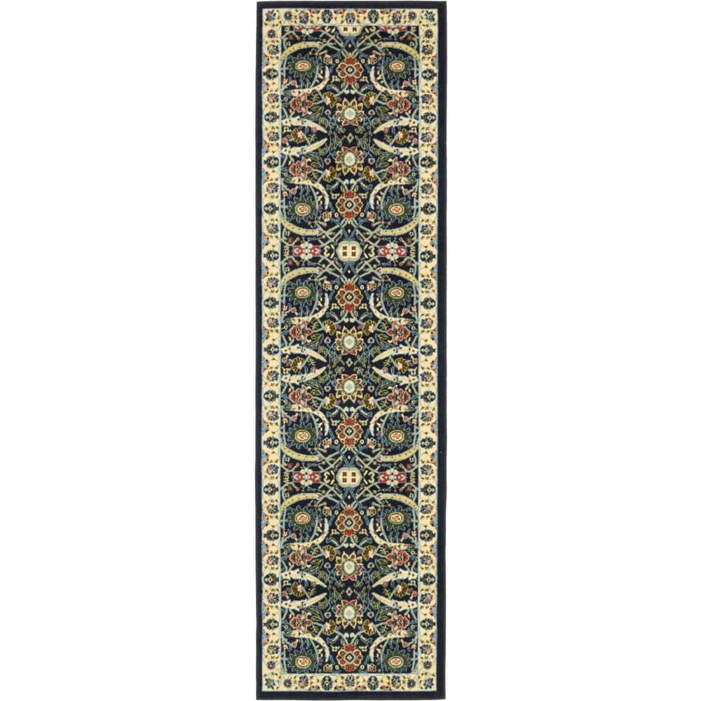 Navy Blue and Beige Floral Synthetic Runner Rug