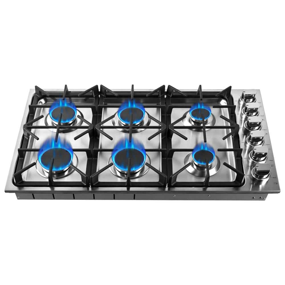 JEREMY CASS 36 in. 6 Burners Recessed Gas Cooktop in Stainless Steel with 18K BTU Power Burners