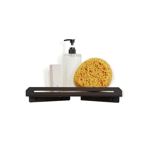 Seachrome Floating Corner Shower Shelf in A Matte Black Finish A Natural Teak Wood Insert