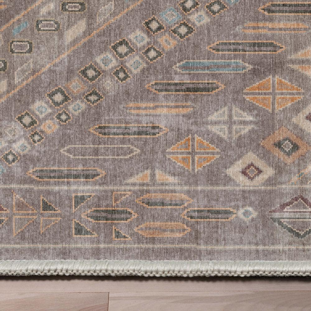 Gray Geometric Machine Woven Runner Rug with Tribal Pattern
