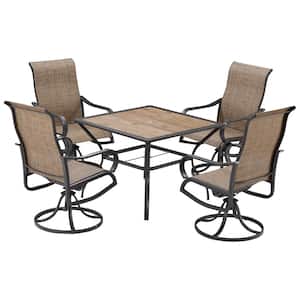 Brown 5-Piece Metal Outdoor Dining Set with Umbrella Hole