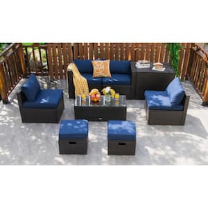8-Piece Wicker Patio Conversation Set Space-Saving Furniture Set with Navy Cushions, Storage Box and Waterproof Cover