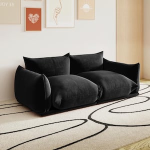 77.16 in. Luxury Wide 2 Seater Minimalist Sofa Couch Flared Arm Lovesofa Chenille Floor Level Living Room Sofa, Black