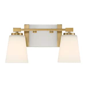 Darby 15.25 in. 2-Light Warm Brass Vanity Light with White Opal Glass Shades