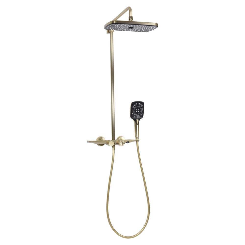 Brushed Gold Brass Thermostatic Wall-Mounted Shower System