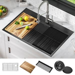 Kore 16-Gauge Black Stainless Steel 33 in. Single Bowl Drop-In Workstation Kitchen Sink with Accessories