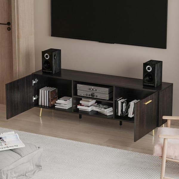 69 in. W Black Wood TV Stand Entertainment Center for TV up to 75