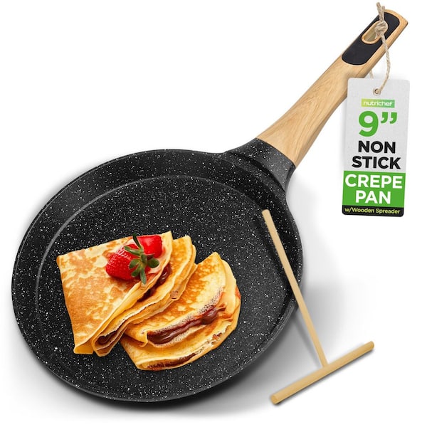9.45” Non-Stick Crepe Pan with Wooden Spreader, Bakelite Handle & Induction Bottom (Black Marble) - NCMKCP0024BK