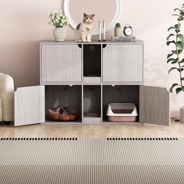 FUFU&GAGA Cat Litter Box Enclosure for 2 Cats, Indoor Wood Stackable Cat Washroom Storage Cabinet Bench End Table Furniture, Gray