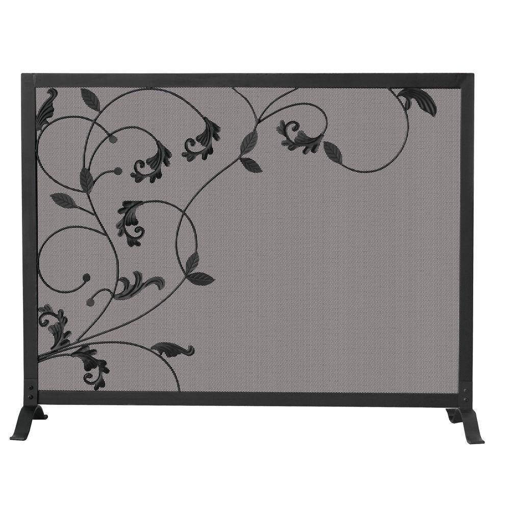 UniFlame Black Wrought Iron 39 in. W Steel Frame Single-Panel Fireplace Screen with Flowing Leaf Design -  S-1043