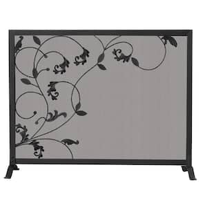 Black Wrought Iron 39 in. W Steel Frame Single-Panel Fireplace Screen with Flowing Leaf Design
